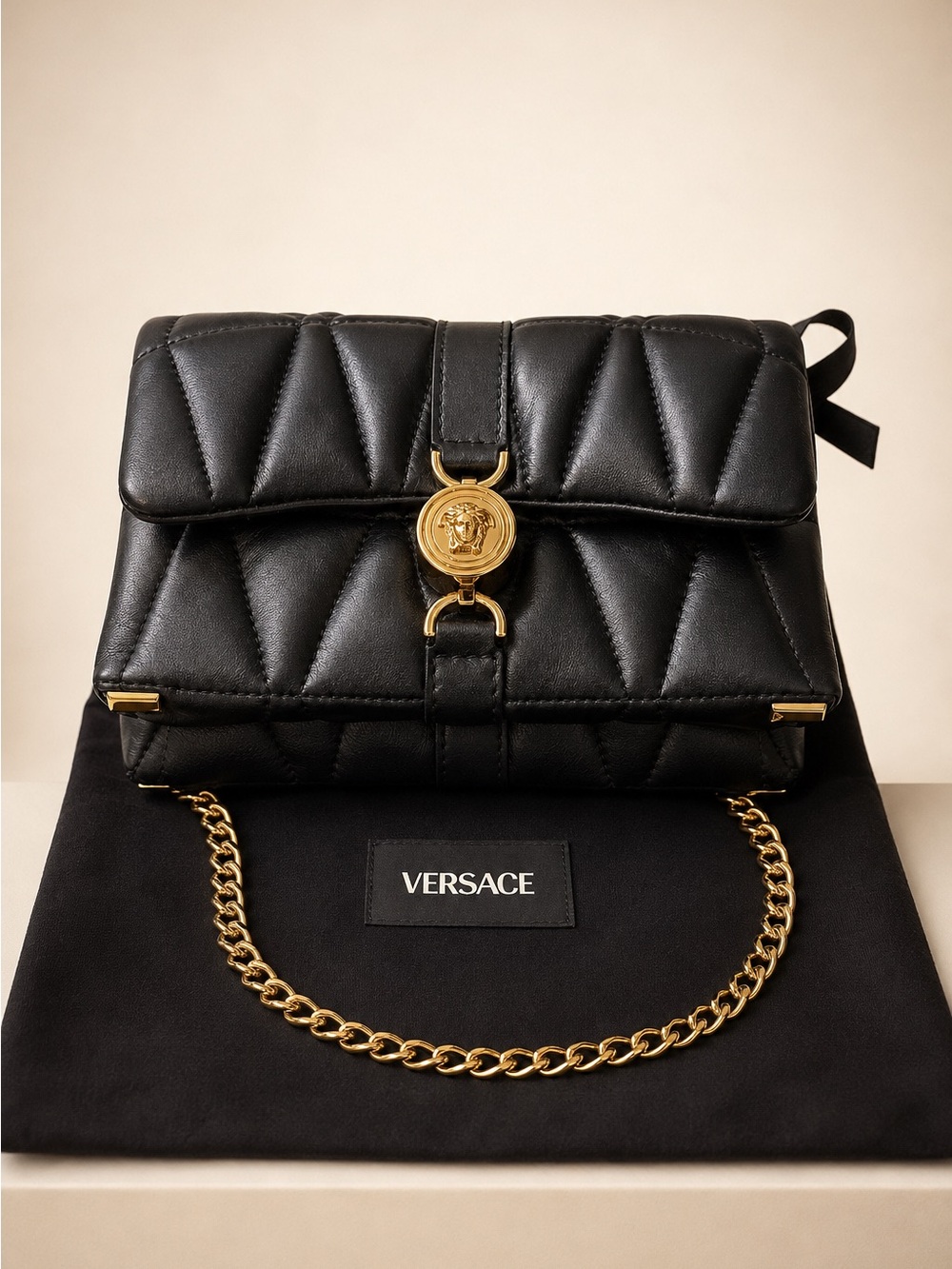 New! Authentic Versace Kleio Black Quilted Leather Shoulder Bag with Gold Chain